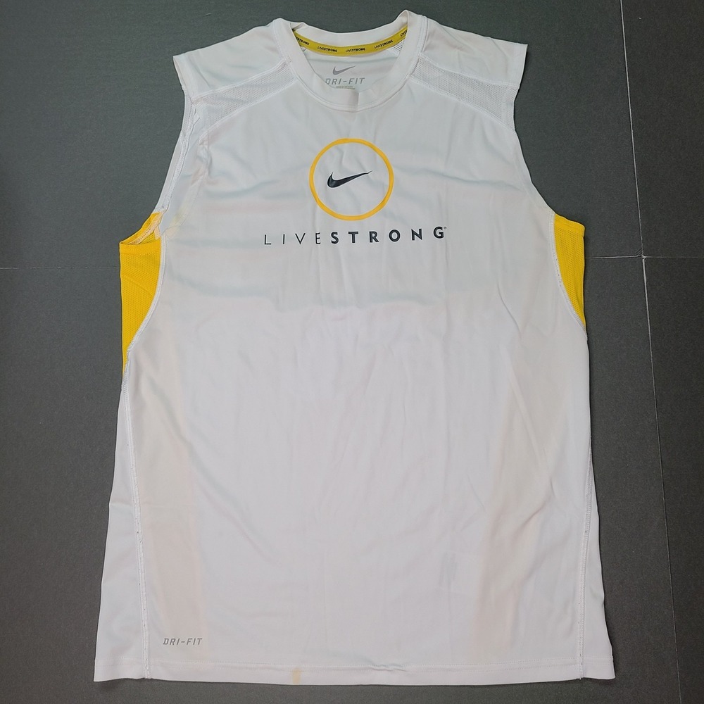 Nike LIVESTRONG Tank Top Mens Large White Yellow Dri-FIT Sleeveless 184864